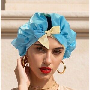 Handmade Satin Sleep Bonnet Tie Closure Reversible Blue Yellow Hair Cap